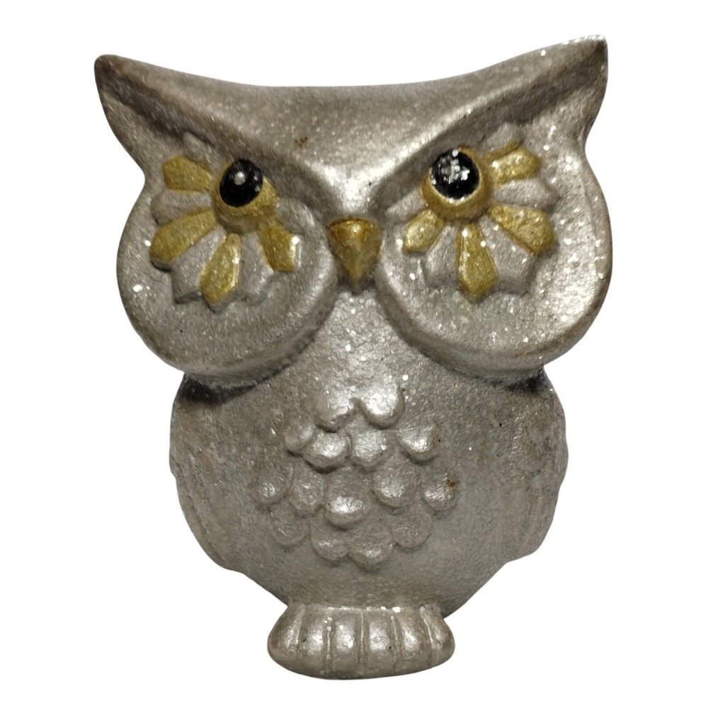 Silver Glitter Owl Figurine Small Decorative Bird Shelf Decor Gold Accents